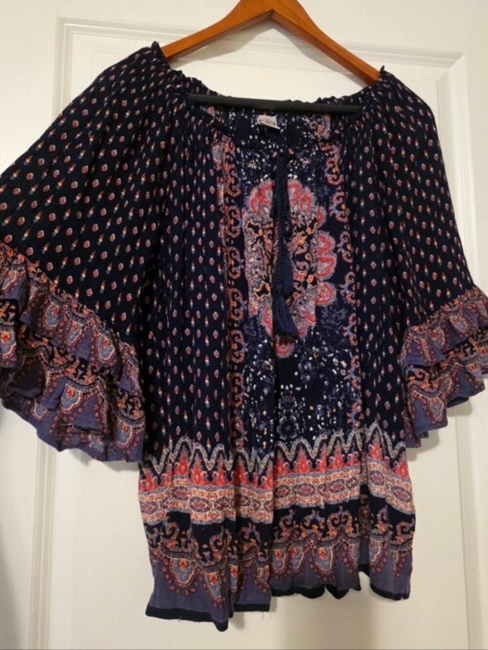 Boho Blouse Blue Tassel Peasant Bohemian Flutter Feminine Flowy Bila Womens M